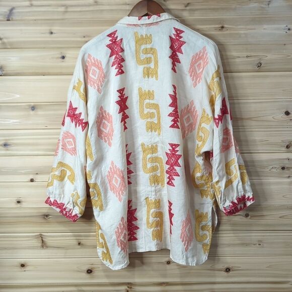 John Mark Top Womens Large Beige Embroidered Button Front Blouse Boho Art - Picture 7 of 12